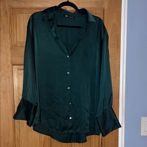 Zara Green Button Down Shirt with Notched Collar and Ruffled Hem